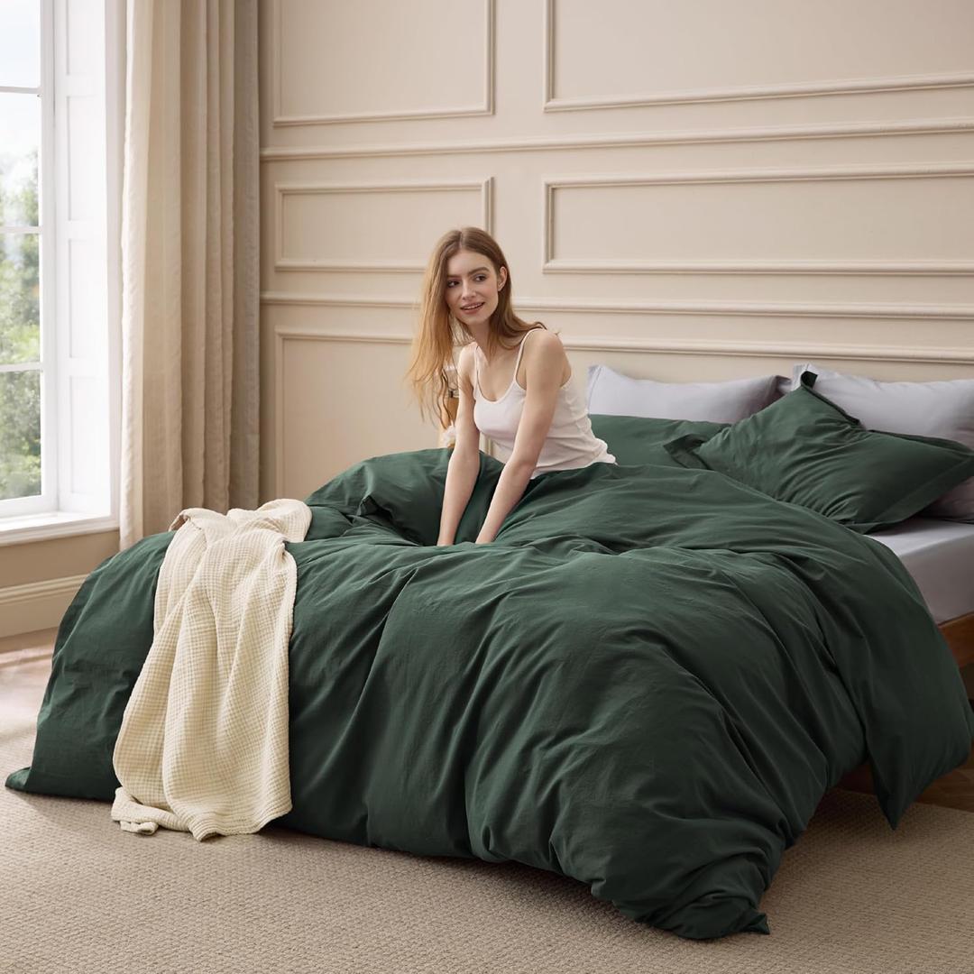 Bedsure 100% Washed Cotton Duvet Cover Queen Size - Forest Green Minimalist Bedding Set Linen Like - PureWoven Plain Simple & Soft Comforter Cover for All Seasons (Forest Green, Queen, 90"x90")