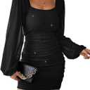 Women's Square Neck Ruched Mesh Puff Long Sleeve Bodycon Mini Party Dress