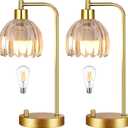 Glass Table Lamp Set of 2,Small Gold Bedside Lamps Dimmable Boho Bedroom Lamp with Tulip Flower Amber Lamp Shade,Vintage Mid Century Modern Mini Nightstand Lamp for Bedroom Living Room