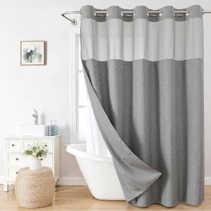 No Hooks Needed Linen Textured Shower Curtain with Snap-in Fabric Liner Set,Hotel Luxury Decor Shower Curtains for Bathroom with See Through Top Window,Waterproof & Washable,71Wx74H,Gray (Grey)