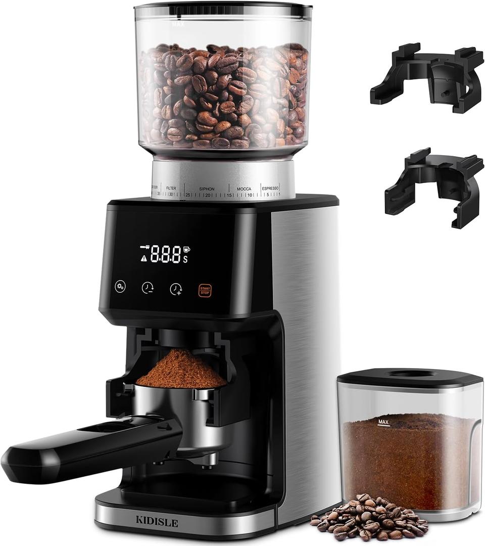 Conical Burr Coffee Grinder Electric, Espresso Grinder with Precision Electronic Timer, Adjustable Burr Mill with 51 Precise Settings, for Home Use, Brushed Stainless Steel