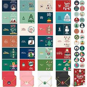 KONVINIT Christmas Cards Boxed with Envelopes, 24 Pack Assorted Christmas Cards with 24 Envelopes & Stickers - 4'' x 6'' - Bulk Greeting and New Years Cards for Sharing Warm Wishes