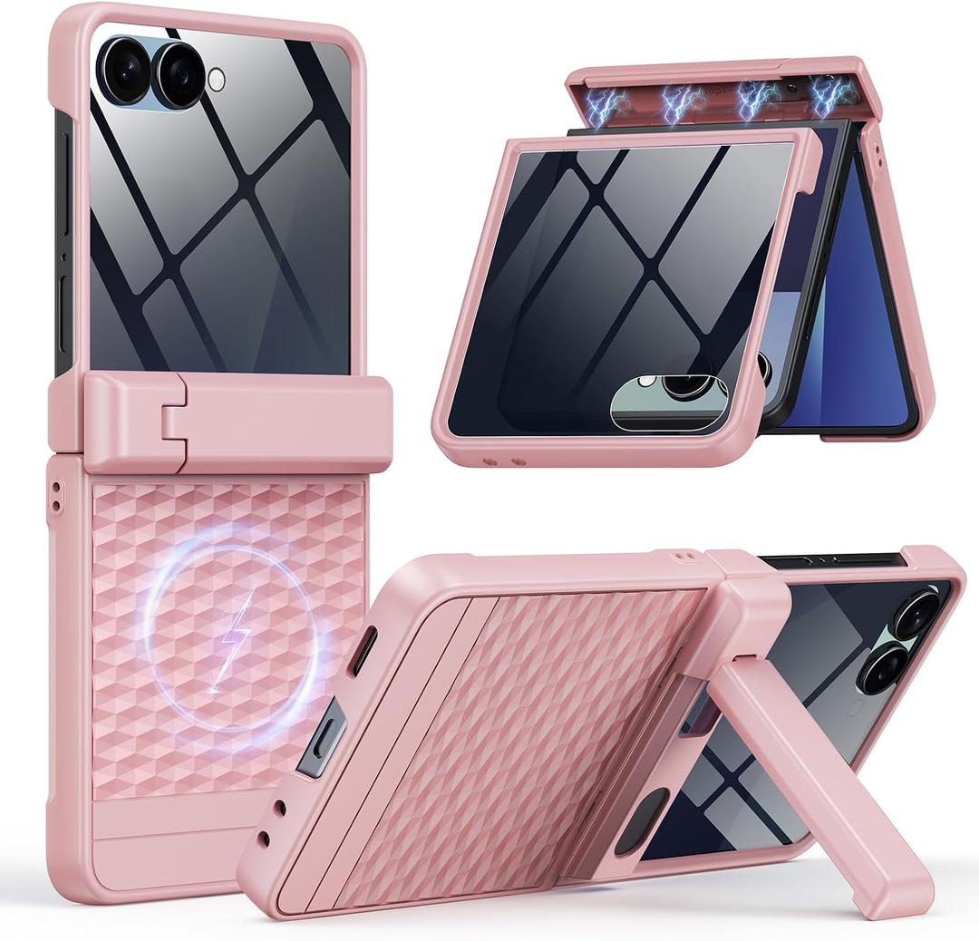 Magnetic for Samsung Galaxy Z Flip 7 Case Fit for MagSafe [Built-in Privacy Screen Protector][Hinge Protection][Kickstand] Military Grade Full Body Cover for Galaxy Z Flip 7,Pink
