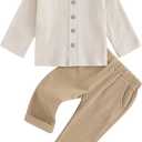 VISGOGO Toddler Boy Linen Outfit Baby Boy Fall Winter Clothes Set Button-Down Shirt Tops Cotton Linen Pants 2PCS (18-24 Months)