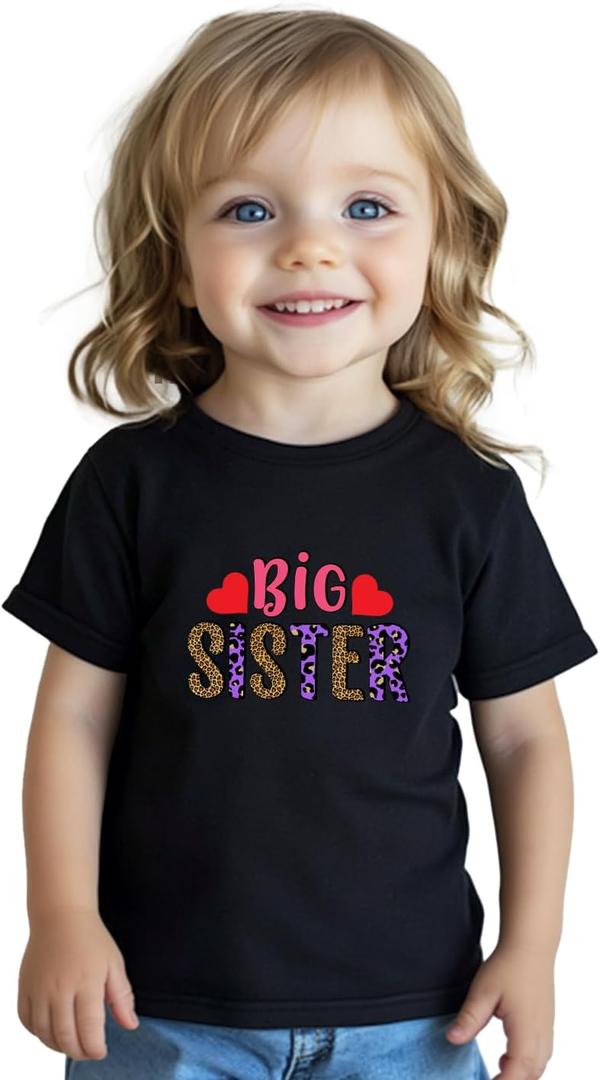 Big Sister Gifts for Girls Shirts Promoted to Big Sister Announcement Shirt Toddler Short Sleeve Cotton T-Shirt 2T-8 Years Leopard Print (Black)