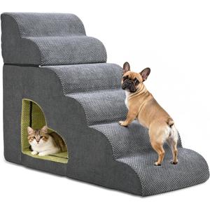 Dog Stairs for High Bed, Pet Stairs-6 Steps Up to 30" H High Bed with Tunnel 2 in 1 with Zippers Suitable, Non-Slip Balanced Indoor Pet Ramp for Dogs and Cats - Grey 6 Tiers