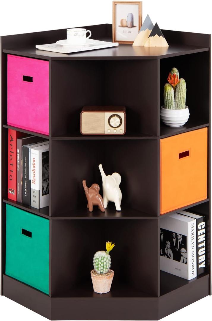 Costzon 9-Cubby Kids Bookcase with Large Storage Bins, Children's Corner Cabinet with 6 Cubes and 3 Shelves, Wooden Toy Organizers and Storage Book Shelves for Playroom Kids Room Nursery, (Espresso)