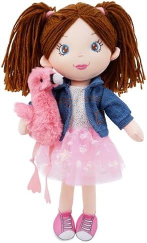 June Garden 15" Playmate Buddies - Plush Doll Mia with Her Stuffed Animal Companion Flamingo Rosie for Kids 1 Year and Up