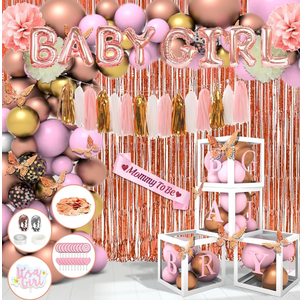 181pcs Rose Gold Baby Shower Decorations, Baby Girl Shower Decorations with Balloon Arch Kit, Baby Boxes, Paper Pom Poms, Fringe Curtains, Sash, Cake Copper