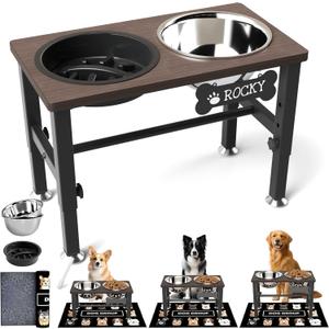 SHAINFUN Elevated Dog Bowls with Slow Feeder & Mat for Medium Large Dogs, Adjustable Height, Raised Dog Bowl Stand with 2 Stainless Steel 58oz Bowls, Tall Dogs Food Water Bowl Wooden & Metal Holder (Brown-1.7L)