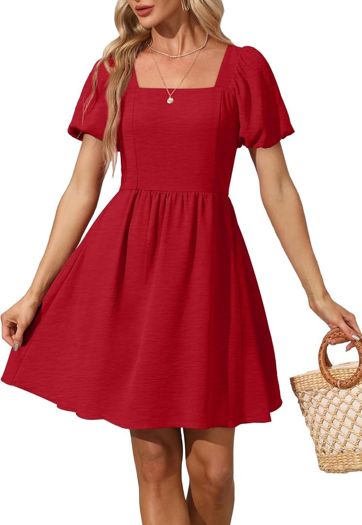 OFEEFAN Women Puff Sleeve Square Neck Tie in Back Dresses with Zipper (Red, XXL)
