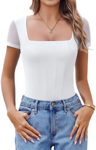 Avidlove Women's Short Sleeve Bodysuits Sexy Square Neck Body Suit Mesh Double Lined Tshirt Leotard Tops Going Out, XL