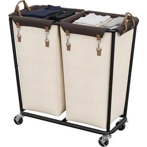 StorageWorks 2 Section Laundry Hamper, 330L Extra Large Beige Rolling Cart