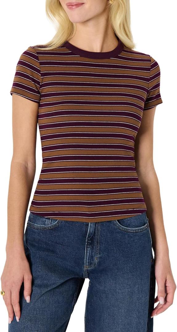 Amazon Essentials (Demi's Pick) Women's Slim-Fit Stretch Rib Short-Sleeve Tee (X-Large, Burgundy Brown Stripe)