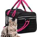 | TSA Airline Approved |Soft Sided Pet Carrier | Cat Carrier | Dog Carrier| Pets Up to 15 lbs | Leash & Luggage Strap | Black with Pink Handle