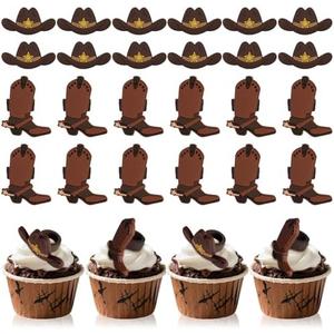 AKAIXI 24PCS Cowboy Cupcake Ring Toppers Western Party Hat Boot Cupcake Decorations Rodeo Cupcake Toppers for Western Theme Birthday Party Baby Shower Cake Decorations Supplies