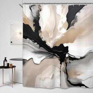 Miyotaa Abstract Black Tan Modern Shower Curtain Set 60Wx71H Inches Minimalist Neutral Contemporary Art Oil Painting Waterproof Bathroom Curtain with 12 Hooks