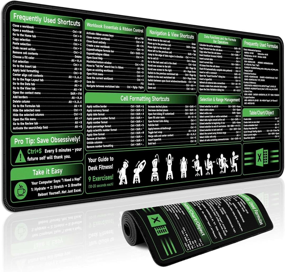 Excel Shortcut Keys Mouse Pad - Excel Cheat Sheet Desk Pad | Extended Large XXL Non-Slip Excel Gaming Mousepad | PC Office Desk Mat with Stitched Edges for Computer Keyboard (31.5" x 11.8", Black)