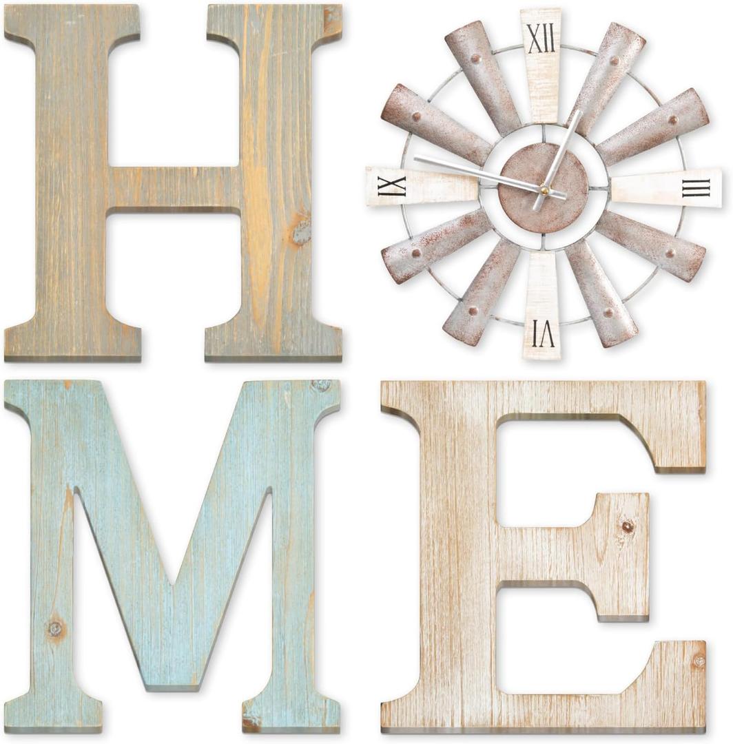 ZAZIWZ Farmhouse Home Signs with Windmill Clock Wall Decor Rustic Home Letters Wall Art for Living Room Kitchen Entryway Dining Room Bedroom (mix color), 12"L x 12"W