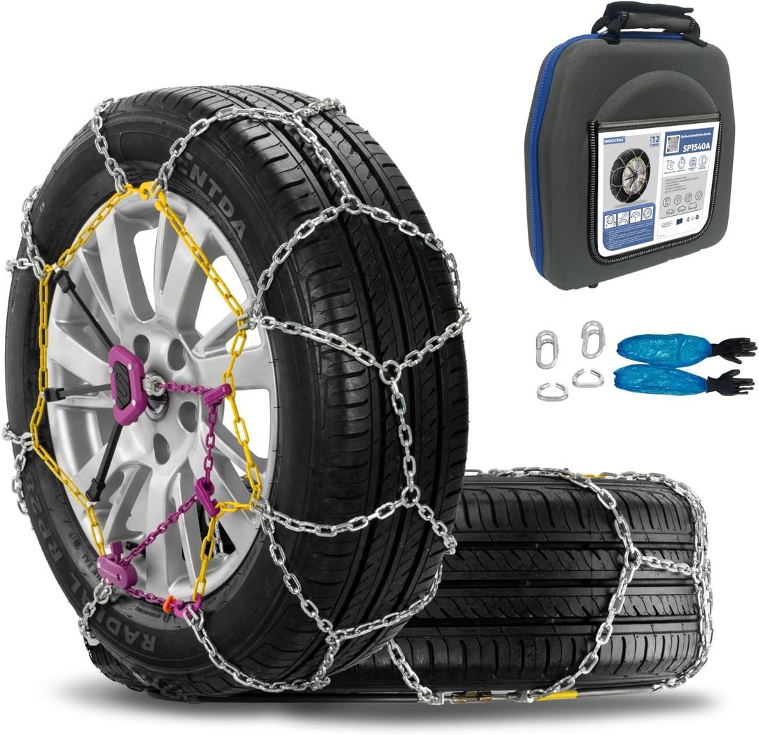 SNOCATENA Auto Tightening Snow Chains for Car  Quick Fit, Easy Installation, Reusable Universal Tire Chains for Winter Emergency Traction (Set of 2) (SP1553A)