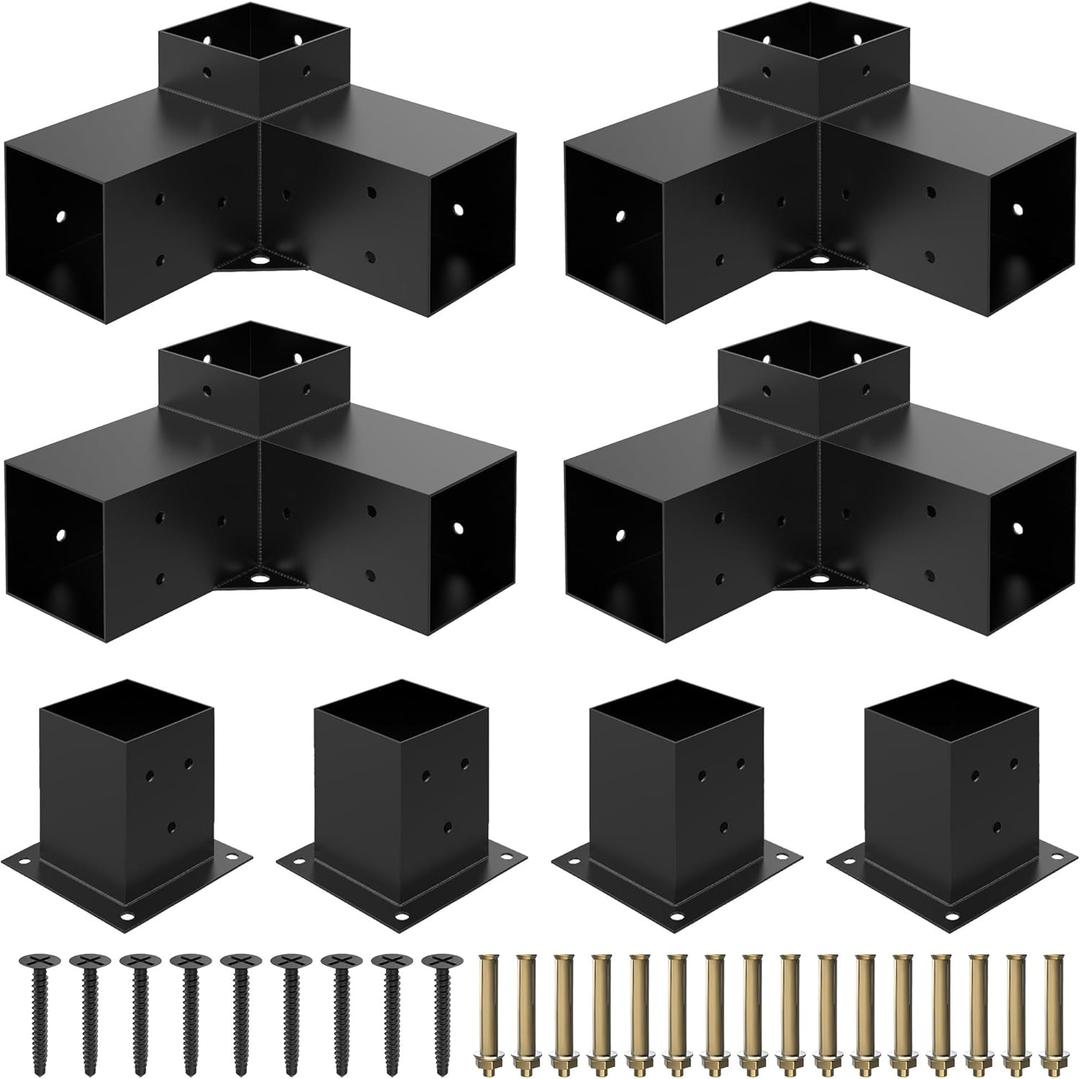 Heavy Alloy Steel Pergola Kit with 3-Way Brackets for 6"x 6" Lumber - DIY Pergola Brackets Suitable for Gardens and Metal Gazebos - Includes Screws