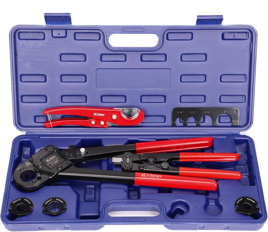 iCrimp Angle Head PEX Crimping Tool Kit for 3/8,1/2,3/4,1-inch with Copper Ring Removal Tool, Pex Pipe Cutter and Gauge, Meets ASTM F1807 Standard, Suitable for Tight Spaces