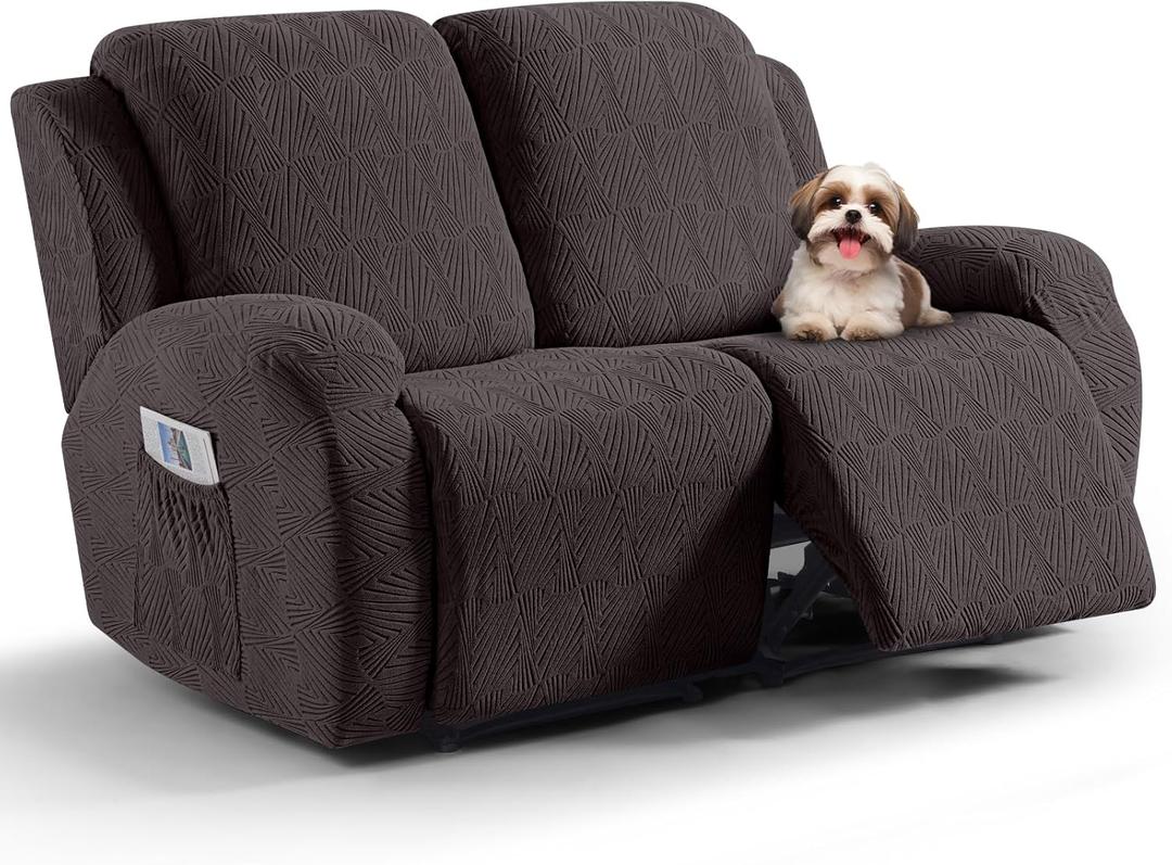 VANSOFY Recliner Loveseat Cover, 6-Pieces Stretch Dual Recliner Sofa Cover Soft Jacquard Reclining Couch Slipcover Furniture Protector with Elastic Bottom for Kid, Pets(2 Seat,Chocolate)