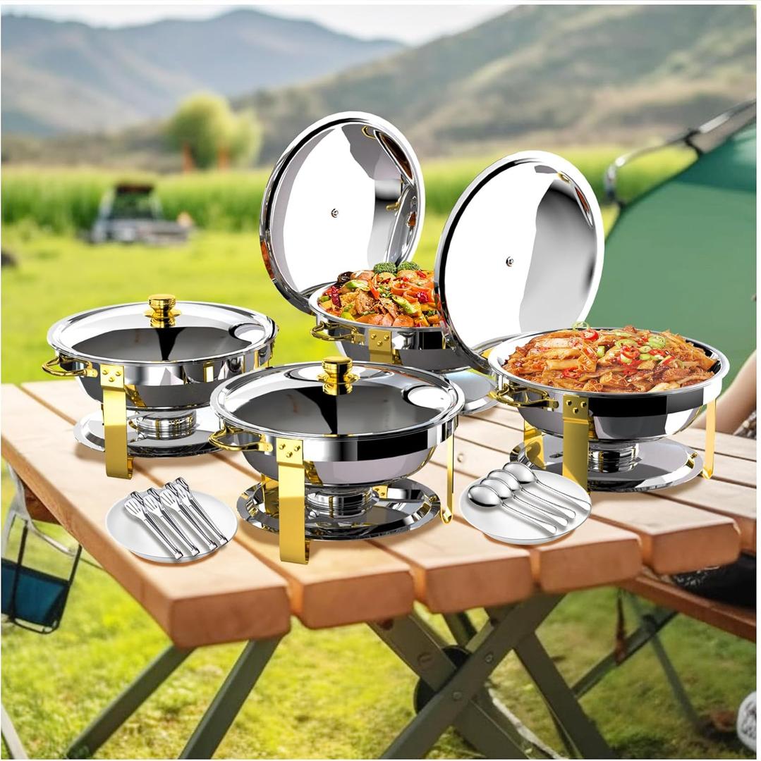 Chafing Dishes for Buffet 4 Pack, 5QT Round Stainless Steel Food Warmers with Semi-Gold Finish - Complete Buffet Set w/Tongs & Serving Spoon, Ideal for Parties, Catering, Weddings, Event