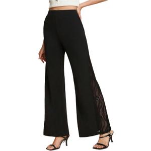 OYOANGLE Women's Lace Mesh Wide Leg Pants High Waist Flared Dress Pants Bell Bottom Trousers Trendy (Medium, Black)