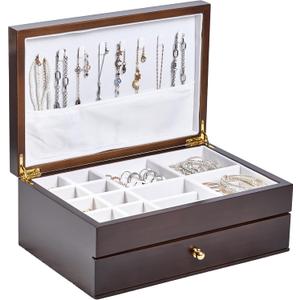 Wooden Jewelry Box with Drawer, Medium Size Real Natural Solid Wood, 2-Layer Vintage Organizer with Earring Storage, Ring Compartments, Necklace Hooks, ek15-m-dark