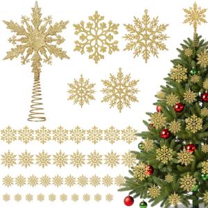 36 Pcs Snowflake Christmas Tree Decoration 1 Pcs Glitter Star Tree Topper Snowflake Hanging Ornaments for Craft Christmas Trees DIY Indoor Ceiling Winter Party Decoration(Gold)