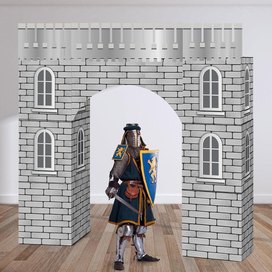 Bucherry 9 Pcs Medieval Party Decorations Knight Cardboard Castle Playhouse Large Medieval Knight Kid Boy Birthday Party Decor 43 x 51 Stone Wall Fort for Renaissance Brick Stone Photo Props Kit