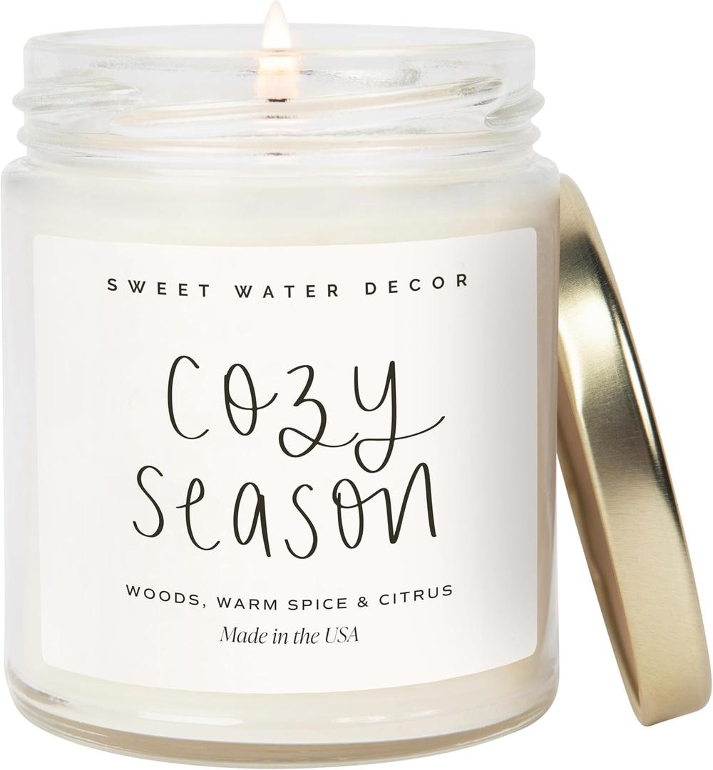 Sweet Water Decor Cozy Season Candle - Woods, Warm Spice, and Citrus Autumn Scented Soy Candles for Home - 9oz Clear Jar, 40 Hour Burn Time, Made in The USA (Script Label)