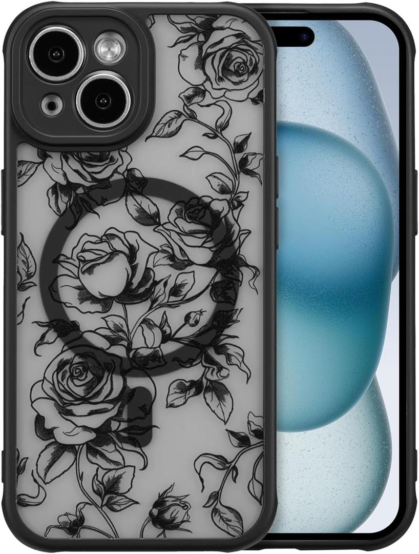 XIZYO Magnetic Case for iPhone 13, Floral Flower Cute Aesthetic Case [Compatible with Magsafe] for Women Girls Rose Pattern Slim TPU Bumper Shockproof Protective Cover, Branch Rose/Black