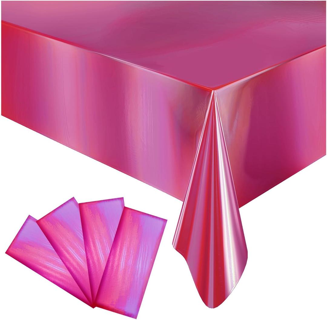 4 Pack Iridescent Plastic Tablecloths Disposable Table Cover Sparkly Foil Table Cloth for Rectangle Tables Party Decorations Birthday Princess Bridal Wedding Christmas Hot Pink, 54 x 108 Inch