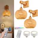 Battery Operated Wall Sconce Set of Two, Bamboo Solid Rubber Wood Wall Sconces with Remote RGB 15 Colors Dimmable, Farmhouse Boho Wall Lights for Bedroom Living Room Entryway