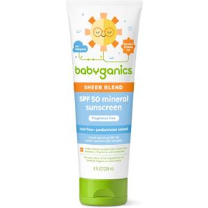 Babyganics SPF 50 Mineral Sunscreen Lotion, Sheer Blend, UVA UVB Protection, Octinoxate & Oxybenzone Free, Water Resistant, Fragrance Free, 8 oz (EXP 04/2027)