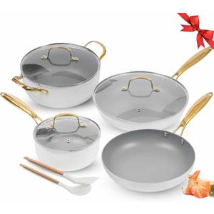 AUDANNE Nonstick Pots and Pans Set 9 Pieces, Non Stick Kitchen Cookware, Cooking Skillets Include Frying Pan with Lid, Saucepan, Casserole, Spoon, Turner Spatula, PFOA Free for Induction, White & Gold