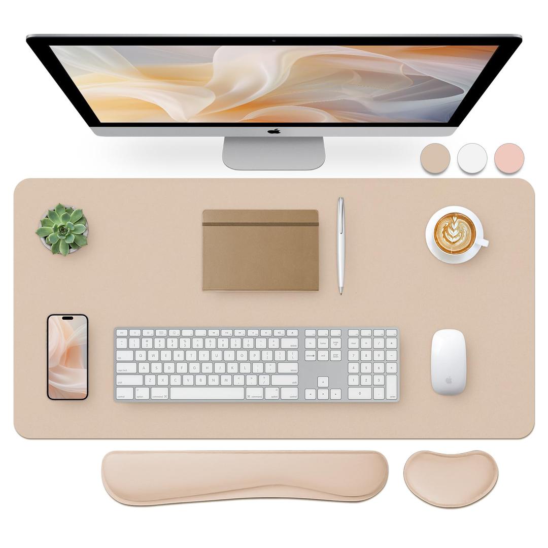 Bloss Leather Desk Pad and Keyboard Wrist Rest, Large Mouse Pad + Keyboard Pad+Mouse Wrist Support, Non-Slip Desk Mat Protector for Office, Home (31.5×15.7 Inches,Beige)