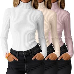 Ficerd 3 Pack Women's Ribbed Thermal Turtleneck Tops Long Sleeve Stretch Shirts Knitted Fitted Lightweight Base Layer S
