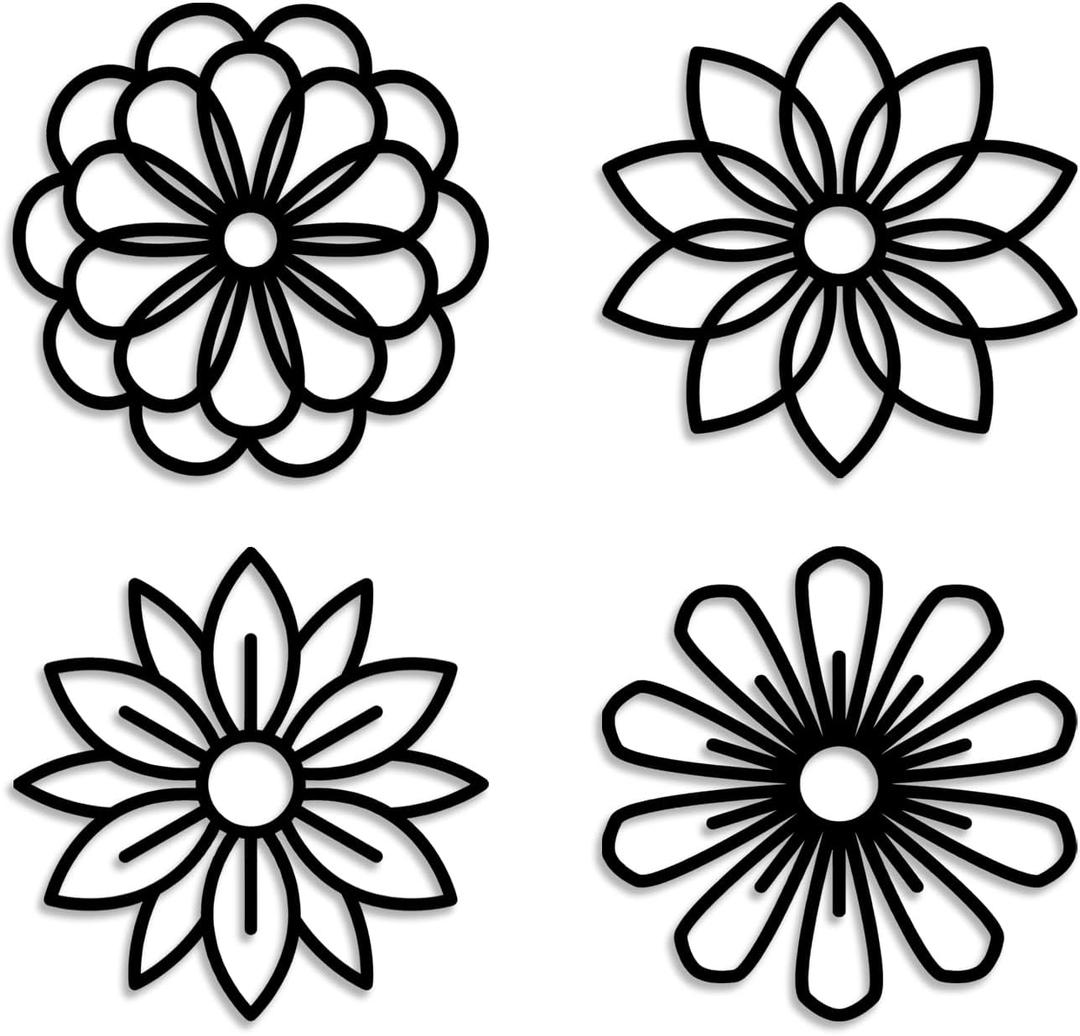 LIYOUYA 4 Pieces Geometric Blooming Floral Metal Wall Decor - Rustic Farmhouse Decor Black Simple Wildflower Wall Art Home Decor for Living Room, Bathroom, Bedroom, Dining Room (Black)