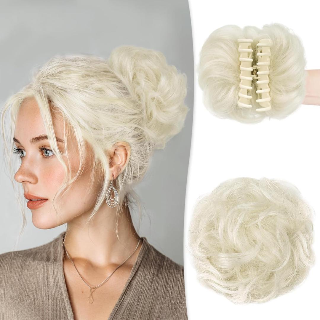 RUWISS Claw Clip Messy Bun Hair Piece Real Human Hair Buns Wavy Curly Chignon Hair Bun Extensions Tousled Updo Claw Clip Ponytail Hairpieces (Platinum) (40g)