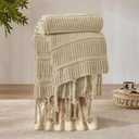Boho Knitted Chenille Blanket with Tassels - Lightweight & Soft All-Season Throw - 3D Classic Pattern for Living Room Bedroom Couch, Sandy Beige, Throw 50"x60"