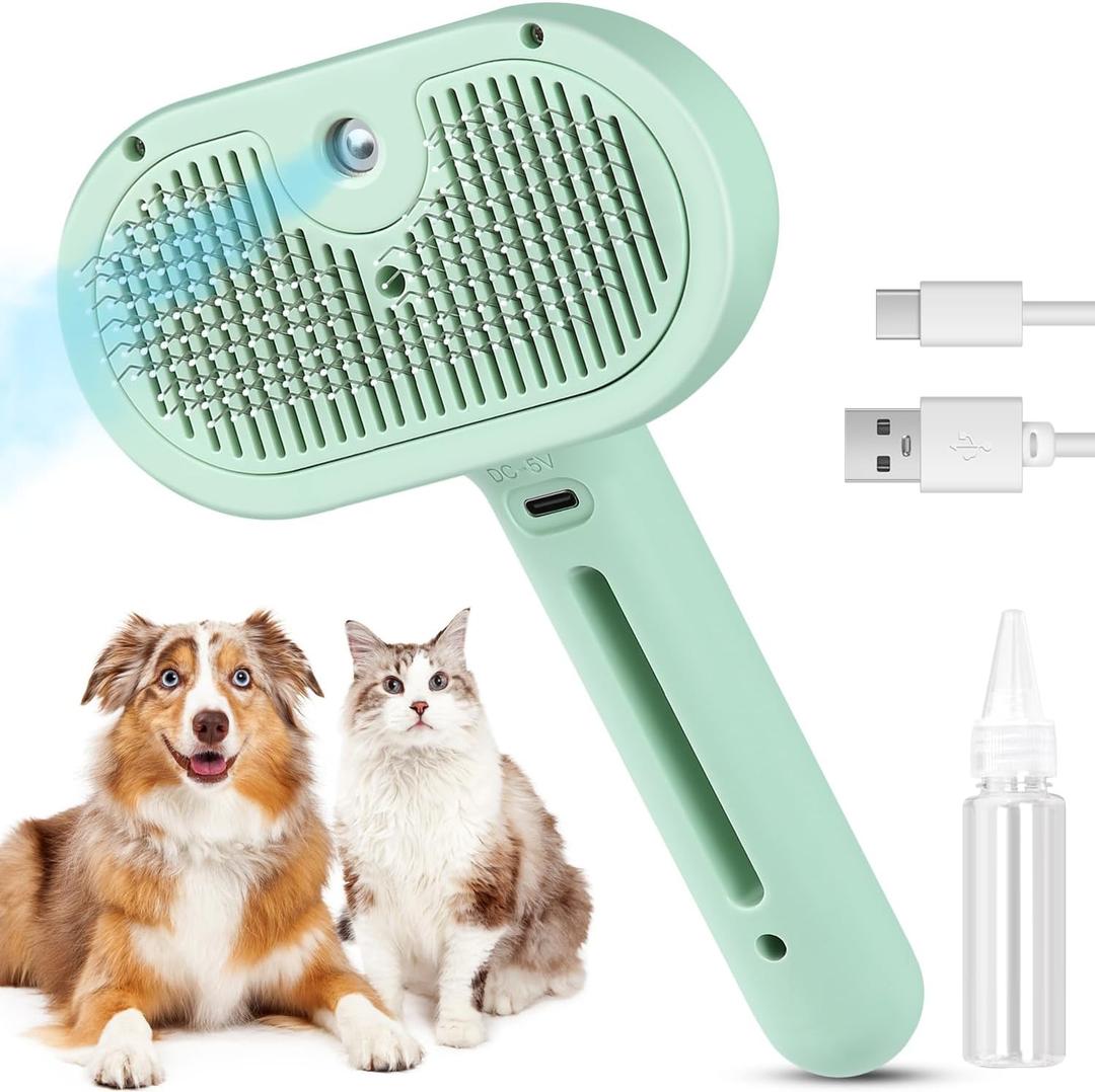 3 in 1 Cat Steam Brush, Pet Spray Hair Removal Comb for Shedding & Grooming, Water Brush for Cats Dogs Small Animals Long Short Haired with One-Click Release Button (Green)