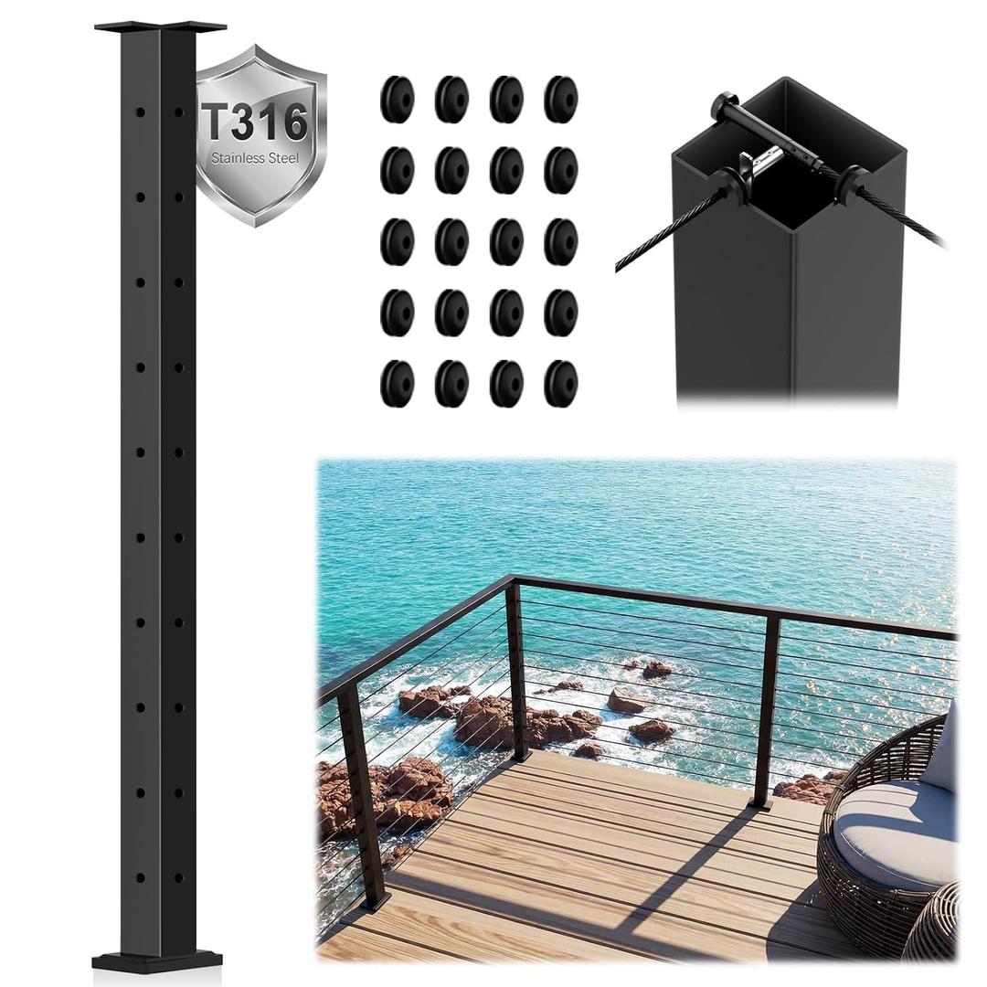 Marine Grade 36" Swageless 3-Sides Cable Railing Corner Post, T316 Stainless Steel 35"x2"x2" Surface Mount Fixed Top Modular 90° T-Drilled Corner Post, Black for Coastal Decks with Grommets
