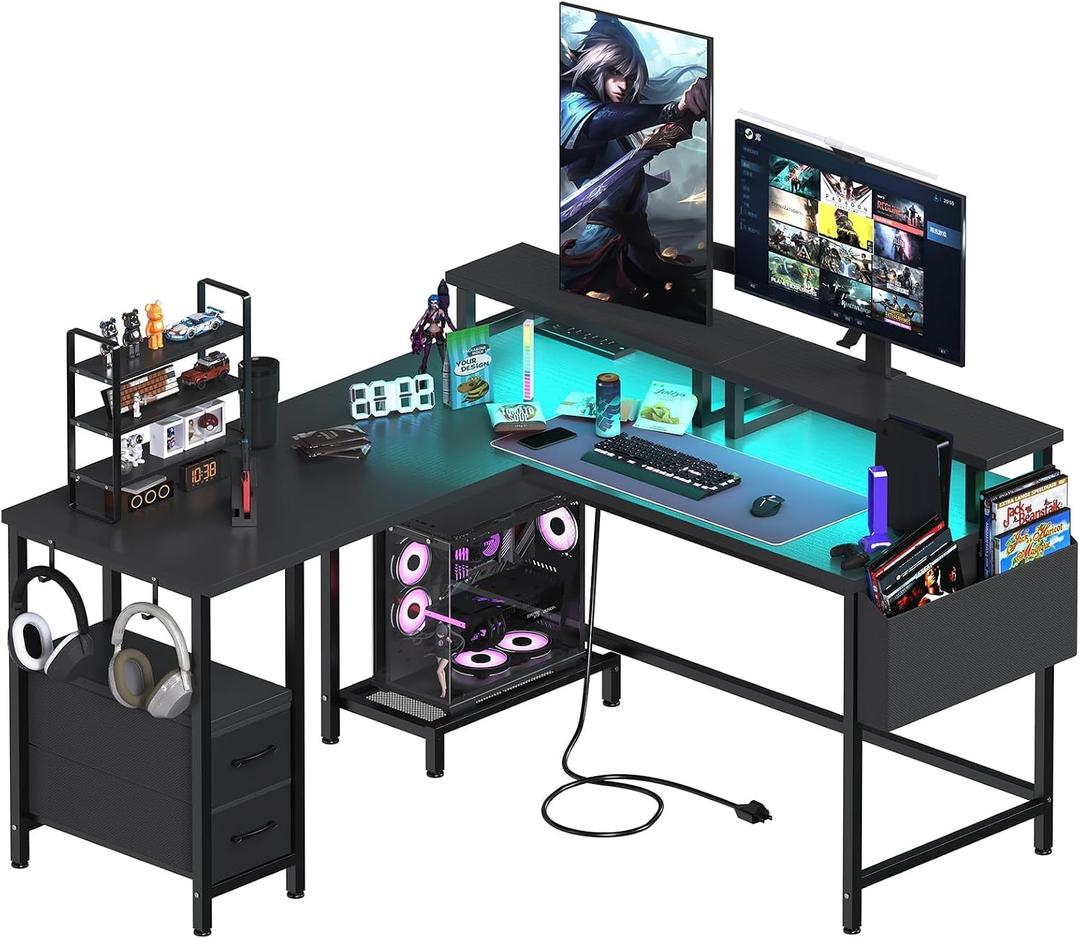Lufeiya L Shaped Gaming Desk with Led Lights and Power Outlets, 47 Inch Corner Home Office Desk with Monitor Stand Shelves, Writing Study Computer Desks with Fabric Drawers for Bedroom, Black