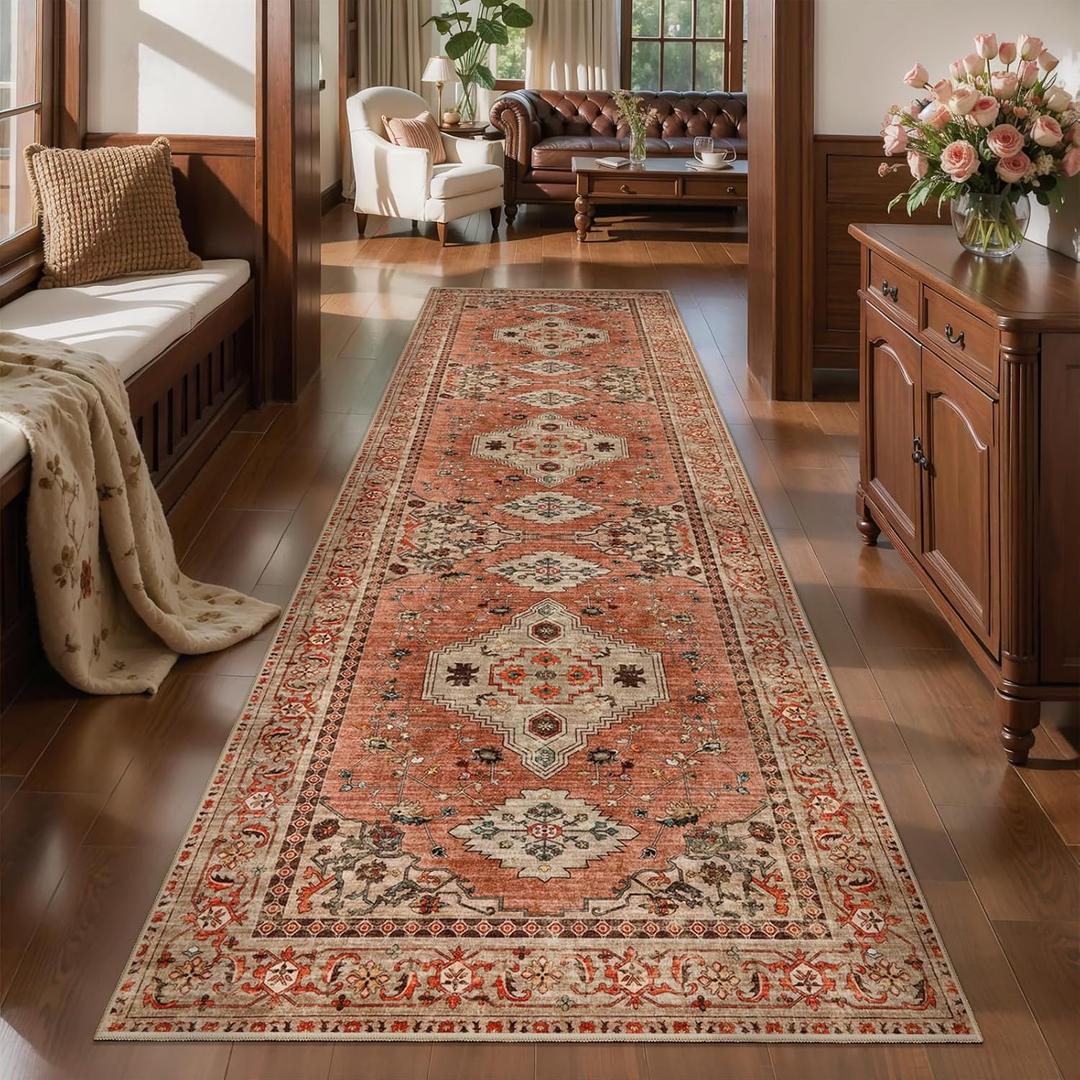 Tangsoo Boho 3x10 Runner Rug for Hallway Long Washable Hallway Runner Rugs, Non Slip Vintage Soft Low Pile Rug Runner, Oriental Terracotta 10ft Carpet Runners for Living Room Kitchen Bedroom Entryway