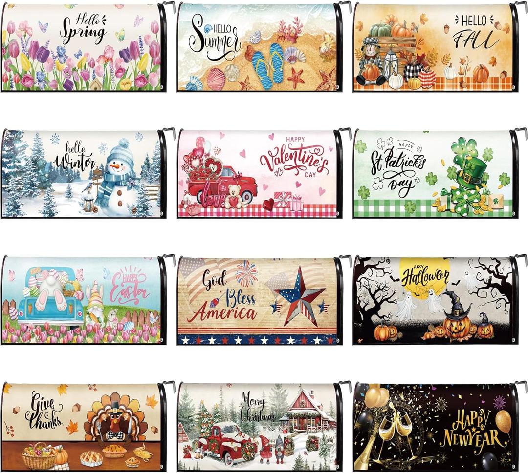 12 Pcs Seasonal Mailbox Covers Magnetic Standard Size 18 x 21 Inch Spring Valentines St Patricks Easter Magnetic Mailbox Covers for Garden Yard Outdoor Decor