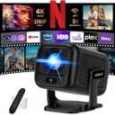 [Auto Focus & 2026 Upgraded] Mini Projector 1080P FHD Support 4K Portable Projector with WiFi6 and Bluetooth5.4 Built-in App 180 Adjustable Auto Keystone, Compatible with HDMI/Laptop/USB, Black