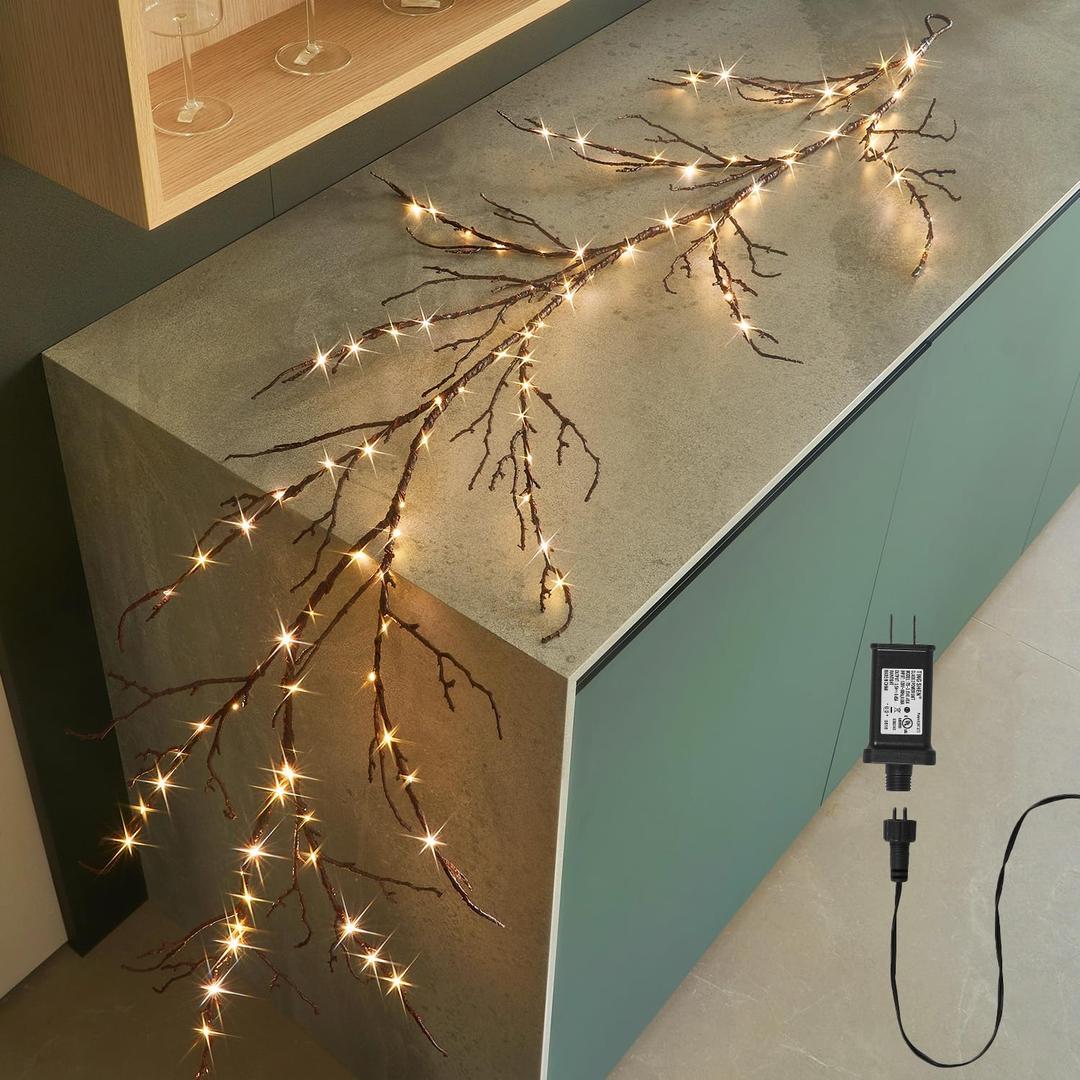 Fudios Brown Willow Garland Lights 6ft 120LED Artificial Lighted Garland Plug in for Christmas Decoration